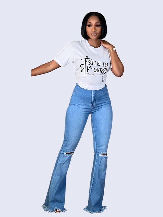 New Bell Bottom Distressed Hem Jeans-Light Blue