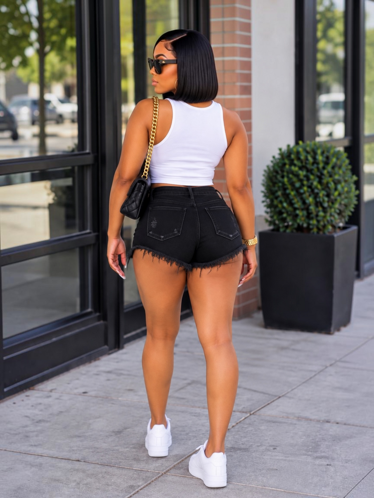 Black Denim Distressed Shorts