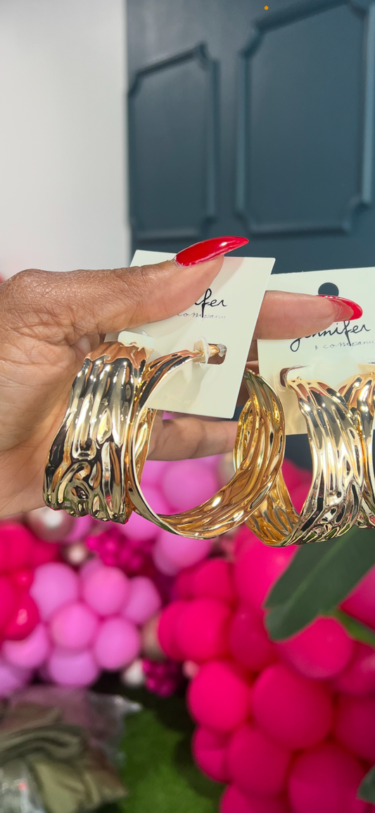 Large Crinkle Hoop Earrings-Gold