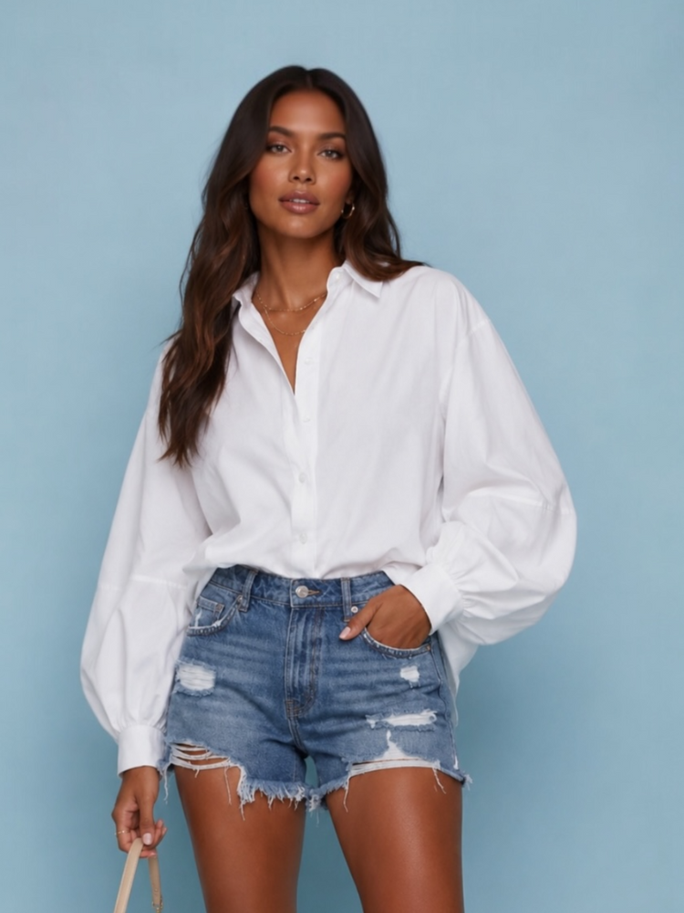 White Balloon Sleeve Button Down Top
