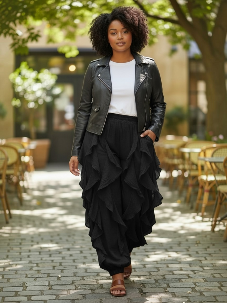 Ruffle Organza Jogger Pants Plus (Black)
