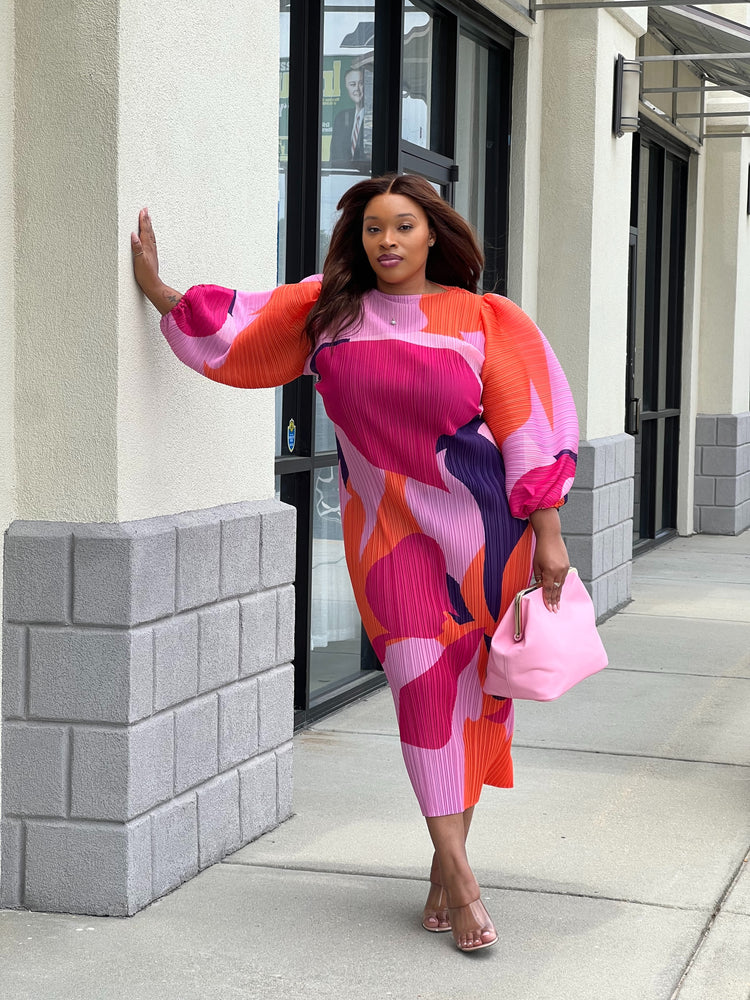 Multi Pleated Midi Dress (Pink)
