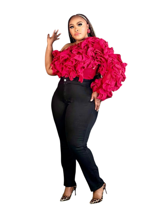 Only One Ruffle Shoulder Top Reg/Plus-Deep Red