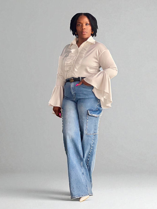 New Medium Denim Pearl Cargo Jeans