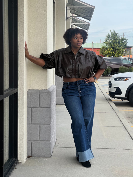 Faux Leather Bubble Top-Black