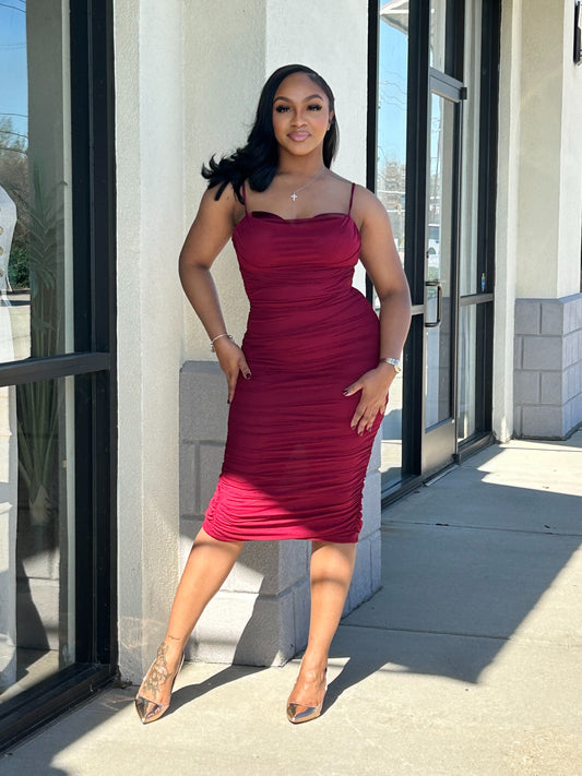 Mesh Ruch Dress-Burgundy