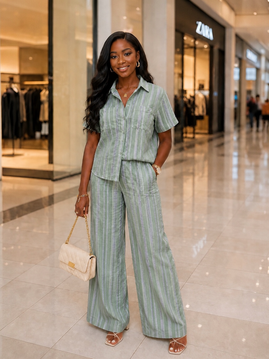 Linen Stripe Casual Set-Sage