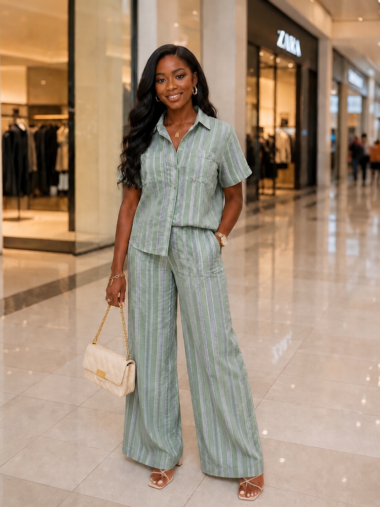 Linen Stripe Casual Set-Sage