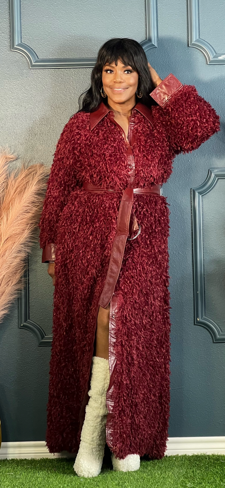 Faux Fur Cardigan Dress-Burgundy (Online only)