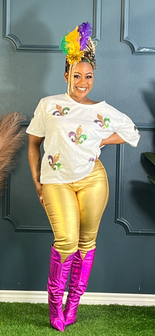 Mardi Gras Sequin Patch Top-White (Online only)