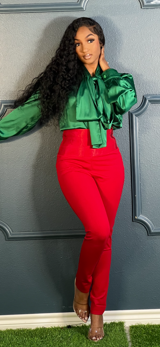 Green Satin Bow Blouse Top