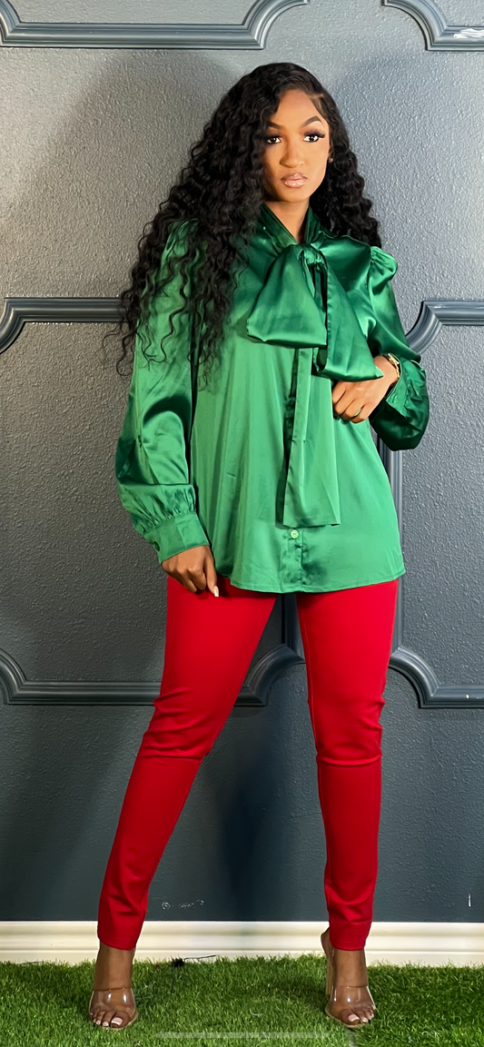 Green Satin Bow Blouse Top