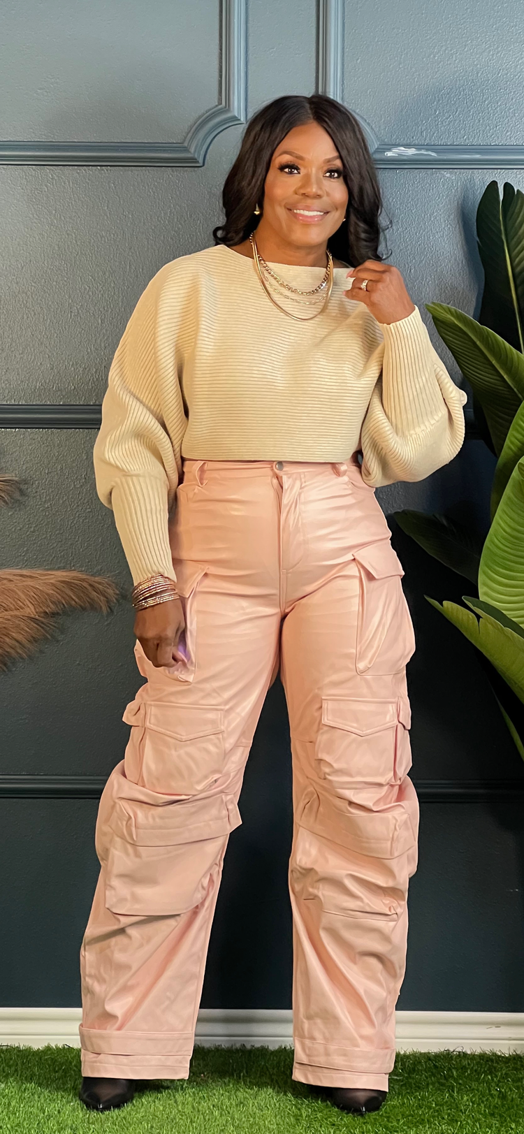 Pink Faux Leather Cargo Pants (Online only)