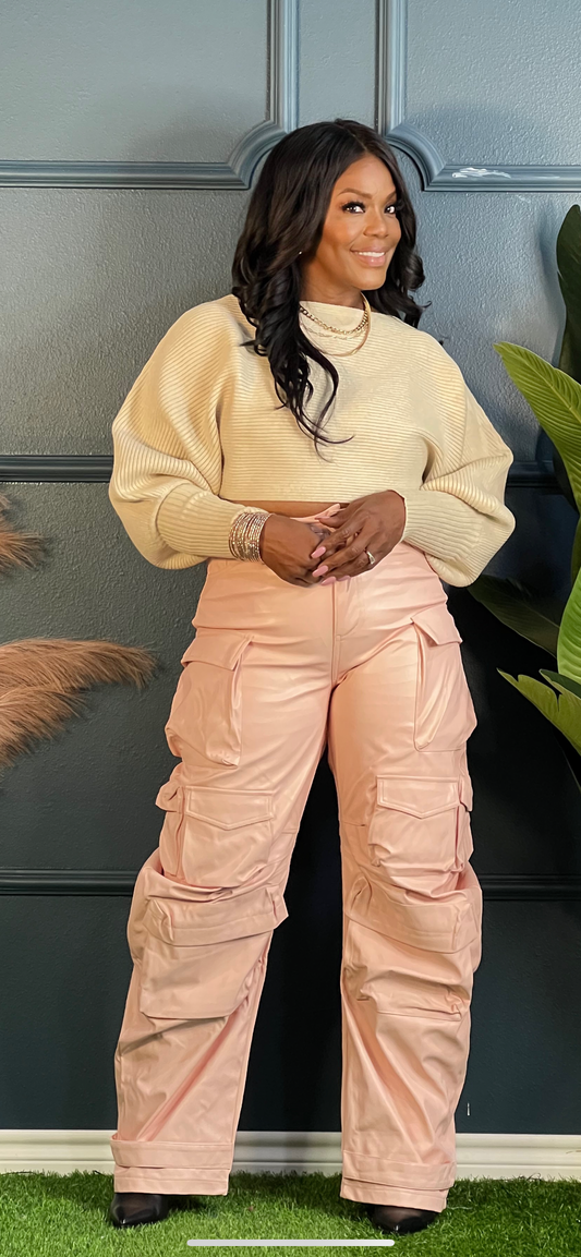 Pink Faux Leather Cargo Pants
