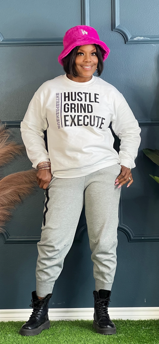 White Hustle Grind Execute Entrepreneur Sweatshirt Top (Online only)