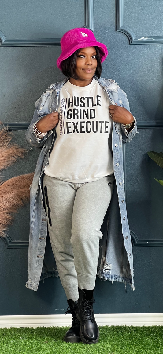 White Hustle Grind Execute Entrepreneur Sweatshirt Top (Online only)