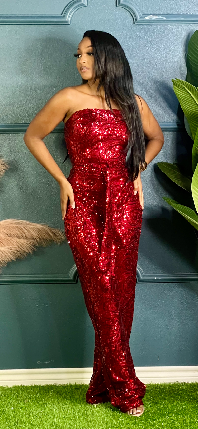 Major Sequin Strapless Holiday Jumpsuit-Red