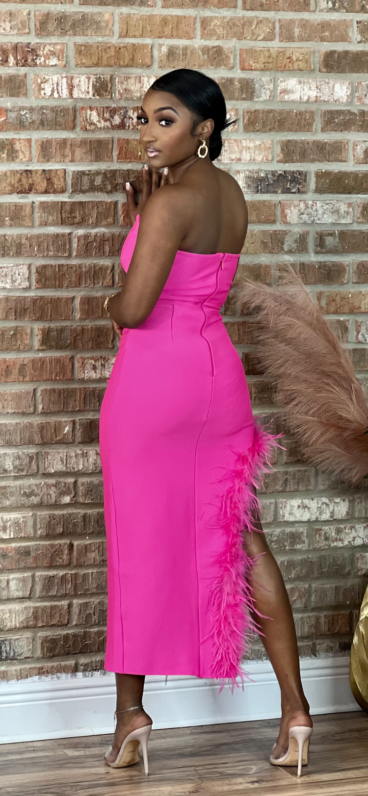 Lux Collection Pink Fur Split Bandage Halter Dress (3 colors)