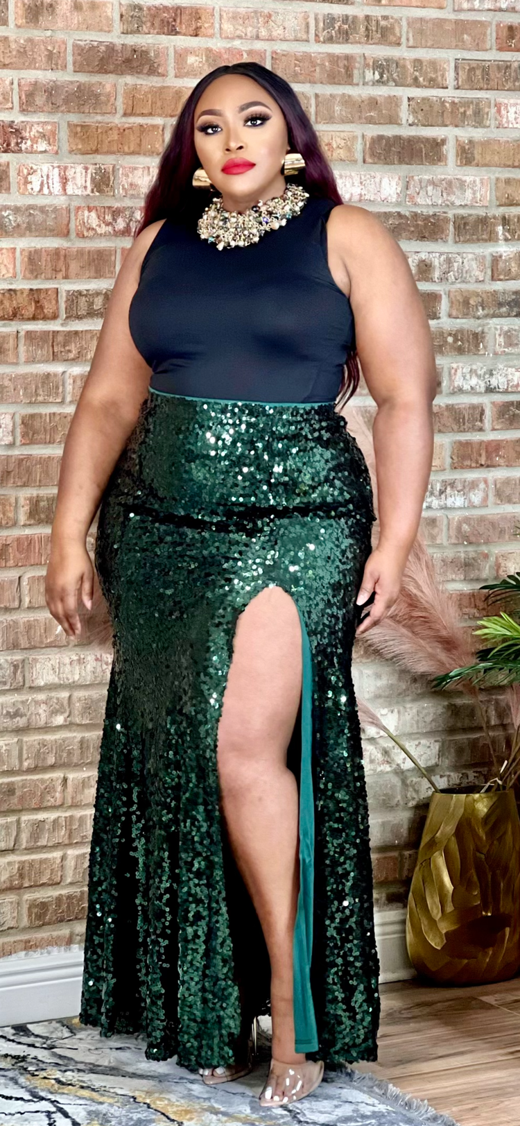 Green Formal Sequin Maxi Skirt Plus