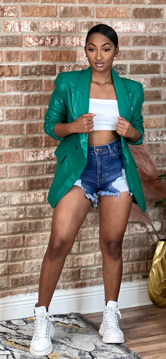 Preppy Green Faux Leather Blazer (Order online only)