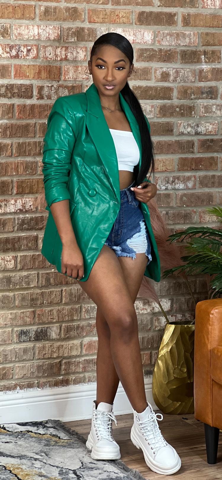 Preppy Green Faux Leather Blazer (Order online only)