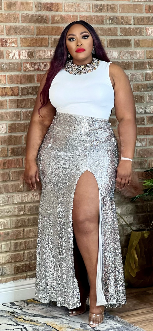 Silver Formal Sequin Maxi Skirt Plus